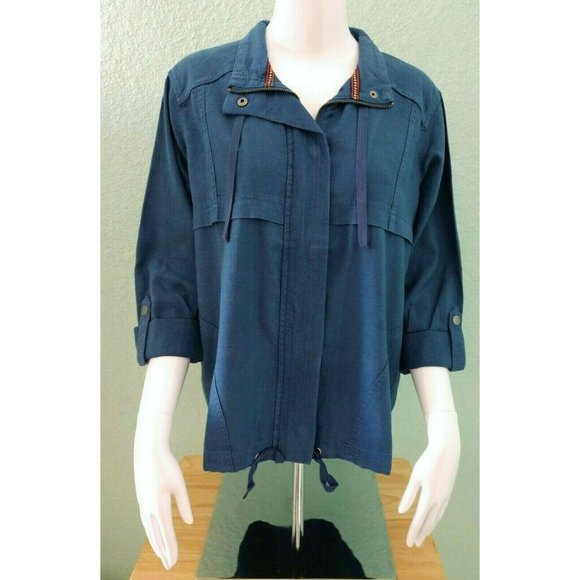 NWT Style & Co Women's M Blue Linen Blend Jacket Top Zip-Up Roll Tab Long Sleeve - Picture 3 of 8